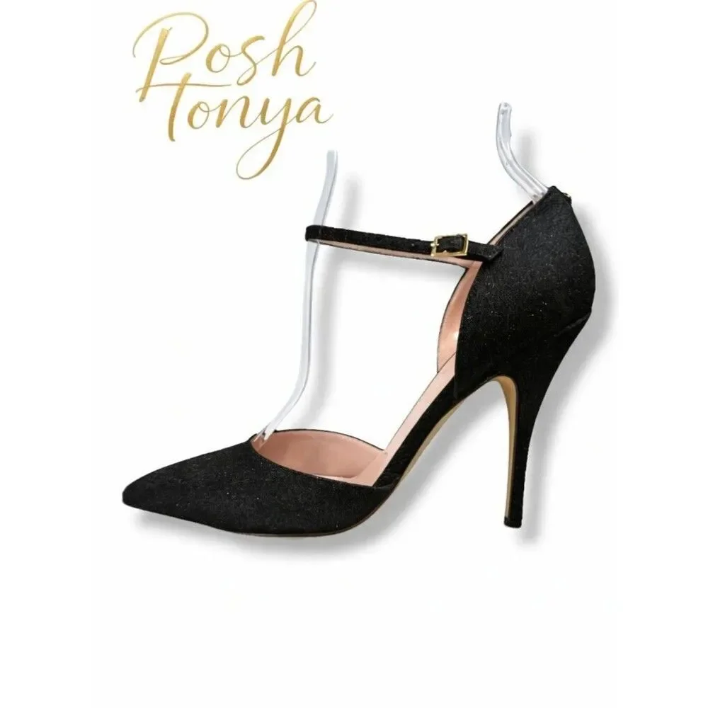 Kate Spade Black Shimmer Womens Pointed Toe D'Orsay Pumps Ankle Strap Heels Sz 7